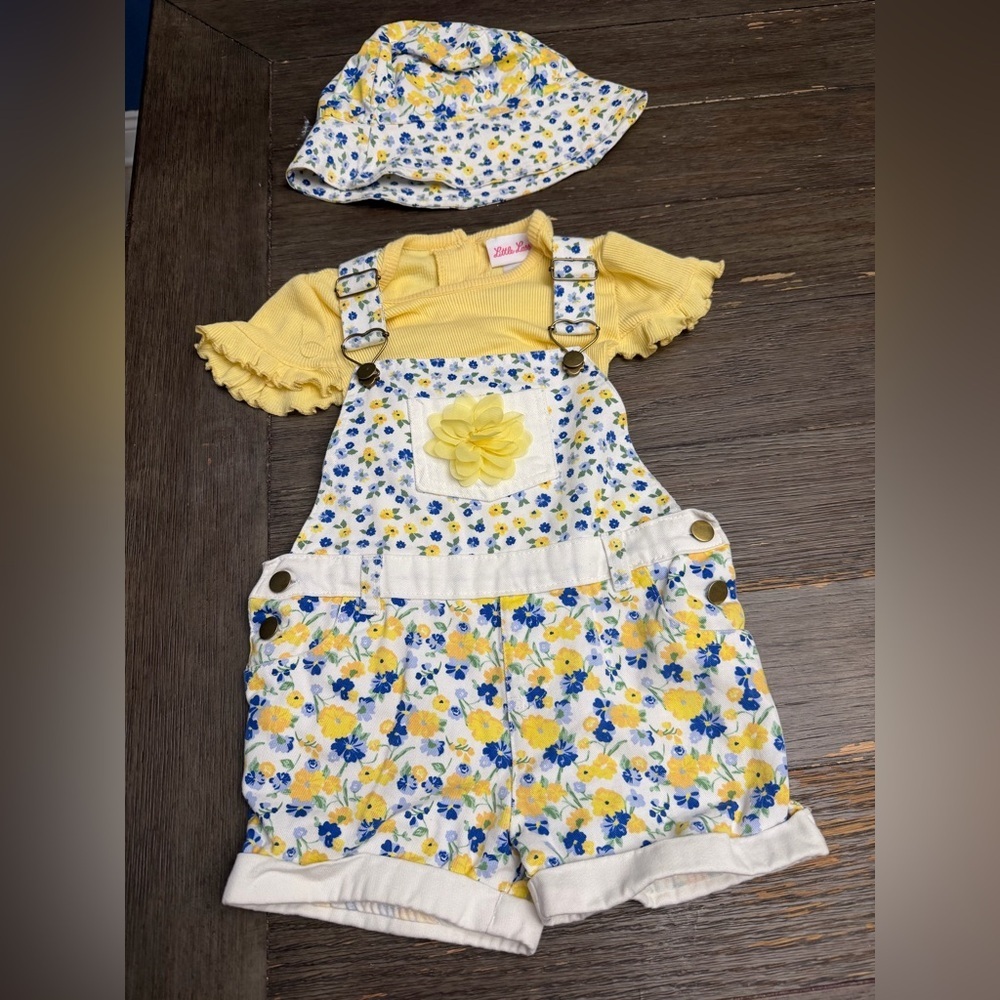 Little Lass 4T Girl’s 3pc Set Floral Spring Easter Sunmer Jumpsuit Shirt Hat
